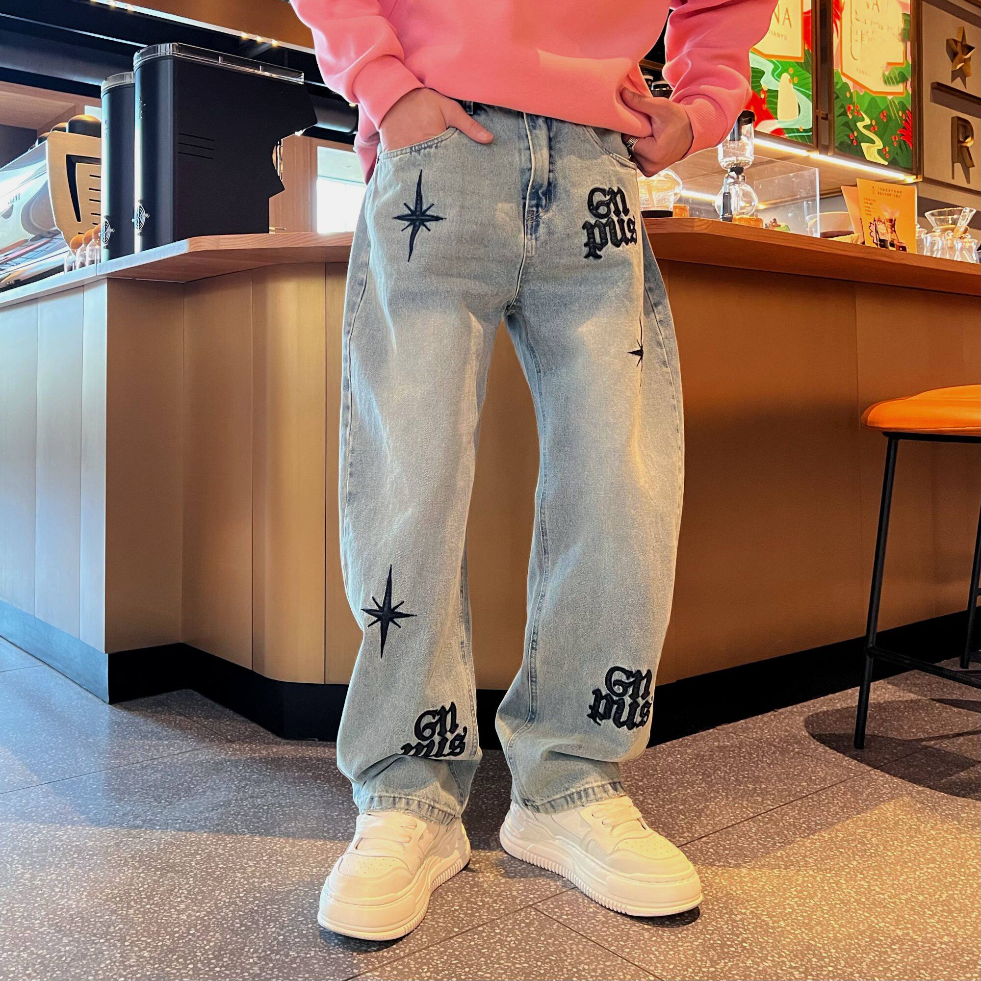 美式休闲百搭时尚潮流个性简约贴皮刺绣复古宽松直筒男款牛仔裤