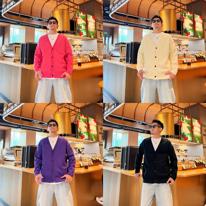 复古港风简约纯色时尚休闲百搭撞色纽扣V领情侣同款针织衫毛衣