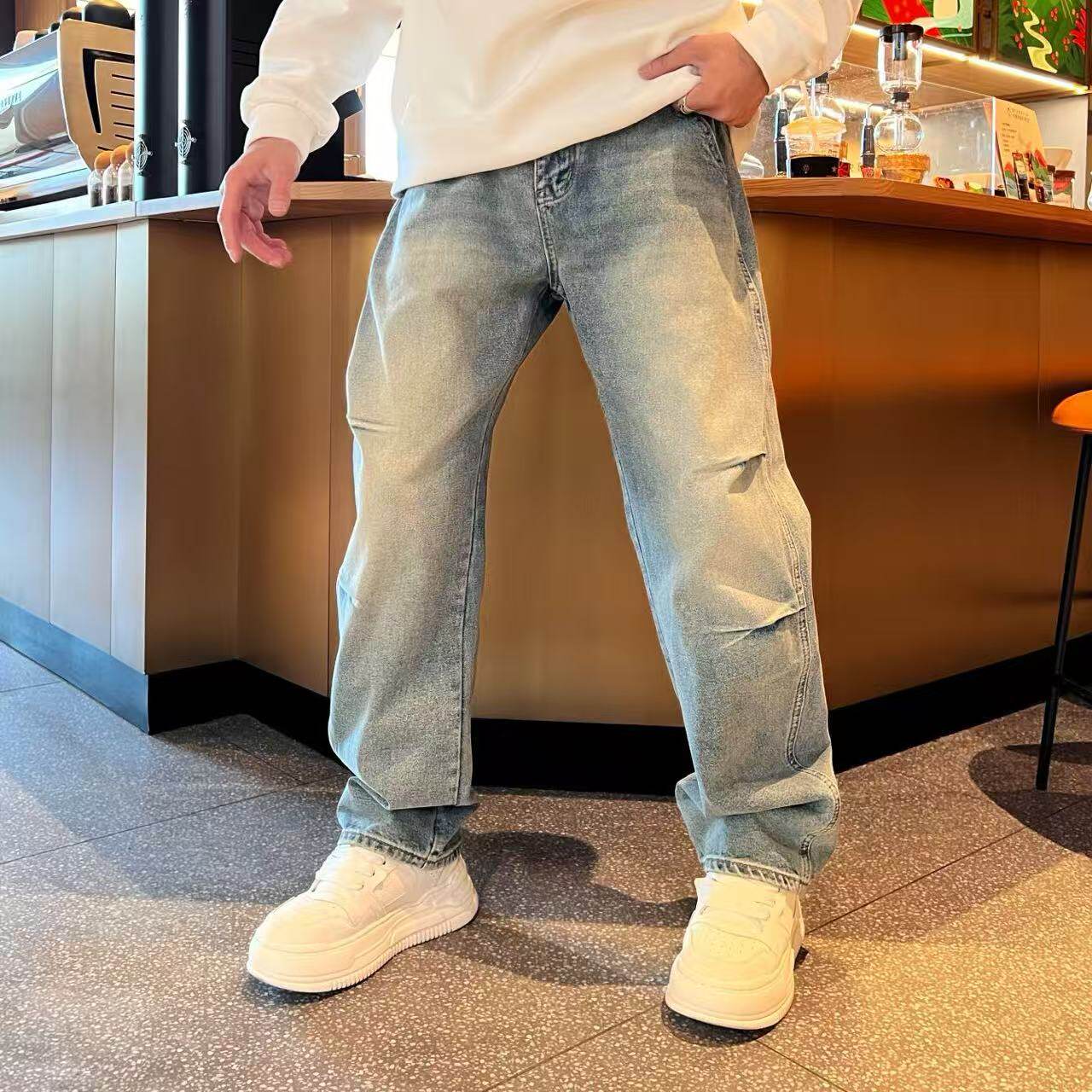 美式休闲潮流百搭复古水洗掐褶时尚宽松直筒松紧腰牛仔裤