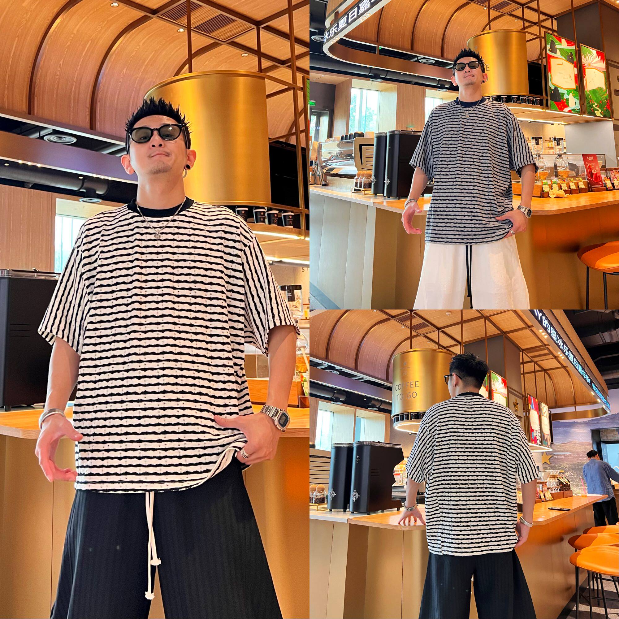 夏季新款简约宽松百搭破洞条纹设计蝙蝠袖时尚休闲男款短袖T恤