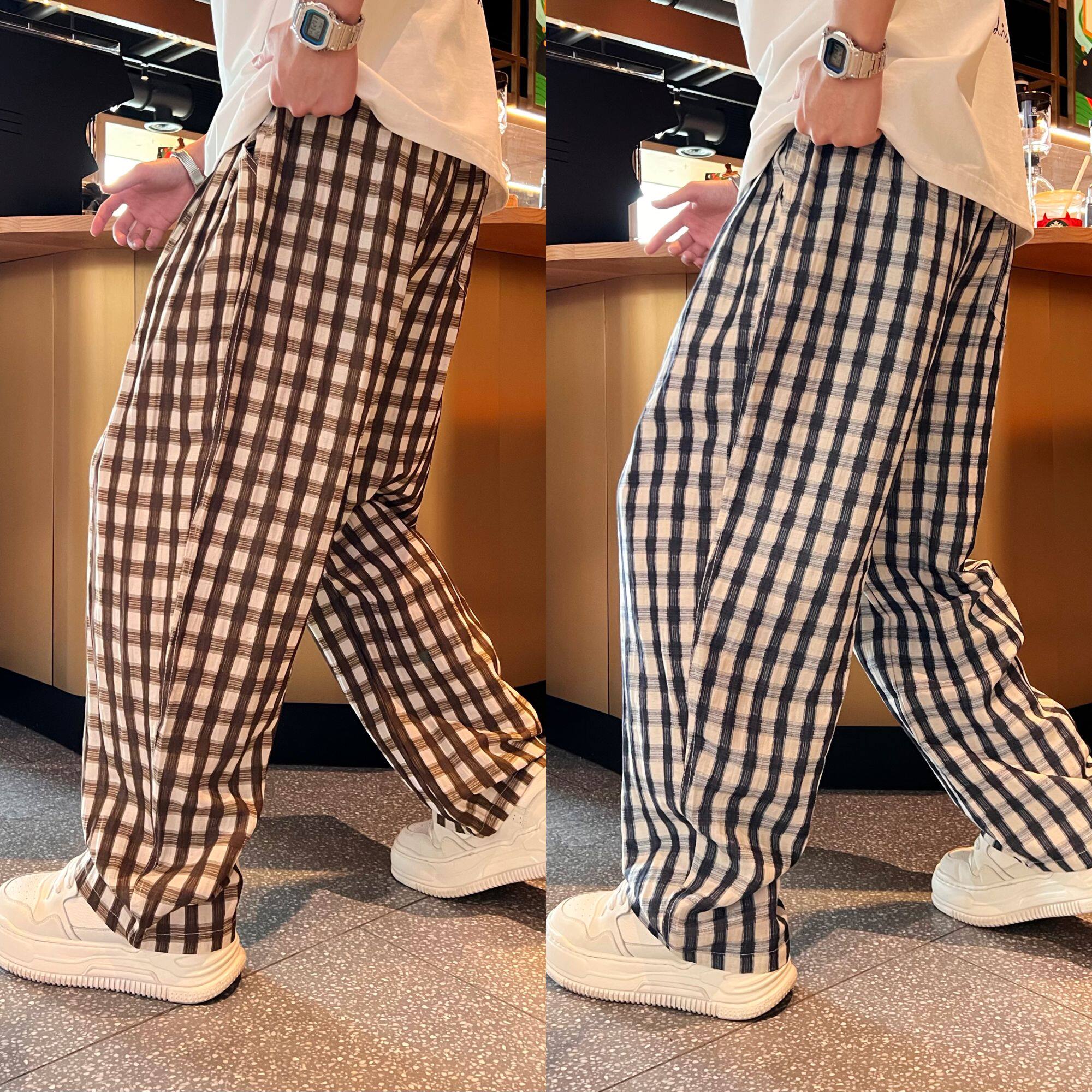 夏季新款百搭韩系慵懒风潮流宽松时尚松紧腰抽绳格子男款休闲裤