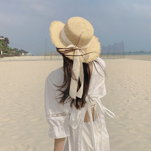 海边优雅日系蝴蝶结平顶拉菲草草帽女夏季 韩版 度假沙滩大檐遮阳