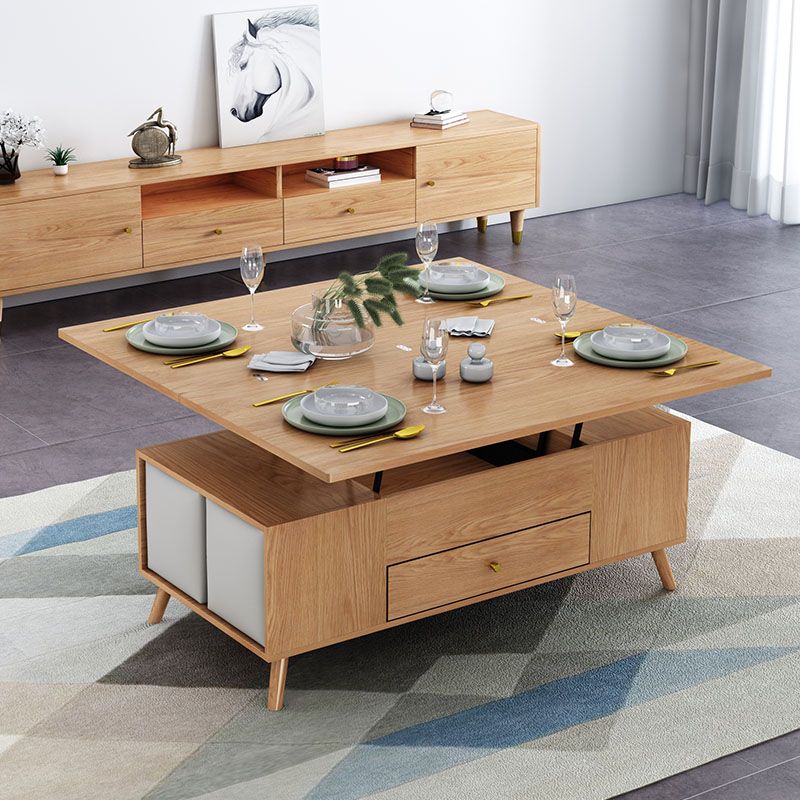 升降茶几原木餐桌两用北欧