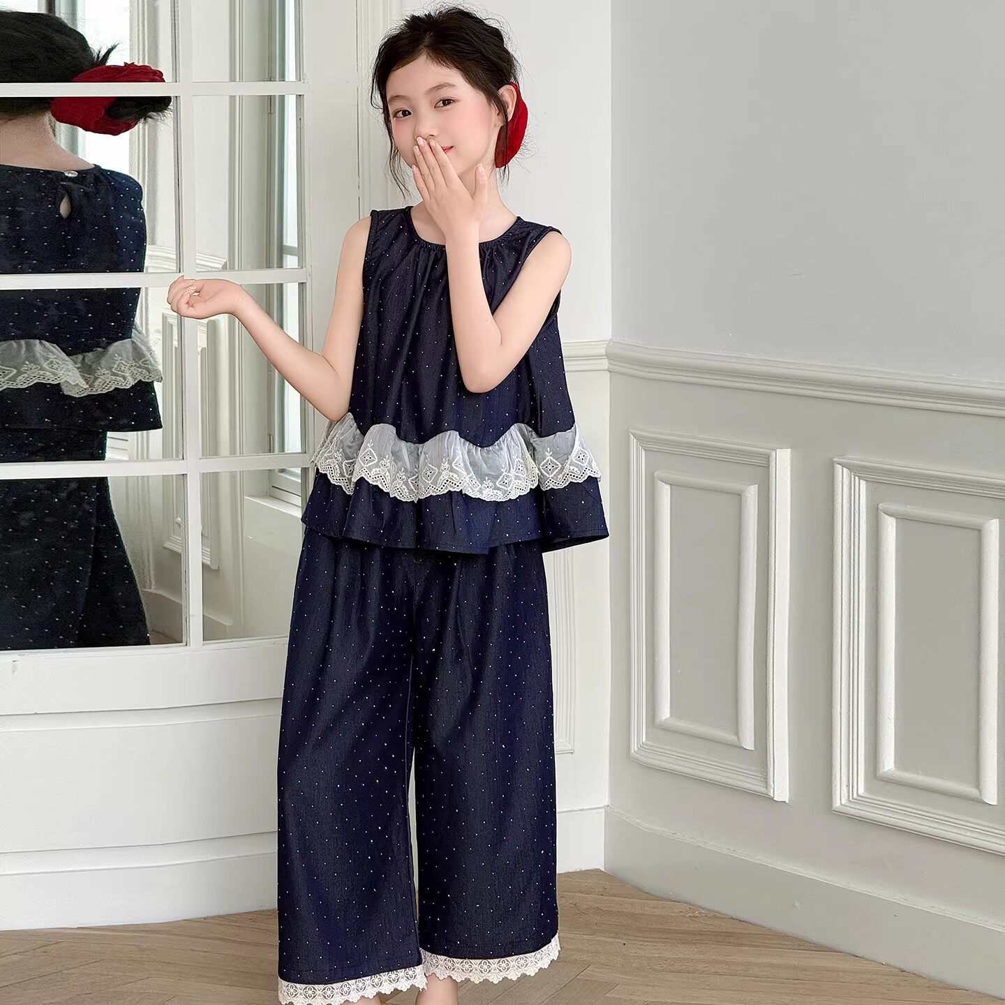 女童夏装天丝牛仔套装2026新款儿童洋气薄款无袖背心阔腿裤两件套