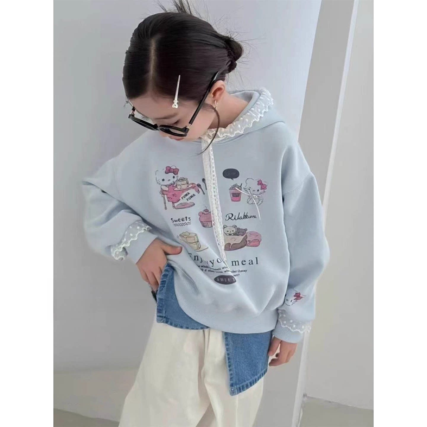 女童加绒帽卫衣秋冬2025新款韩版儿童蕾丝花边卡通猫咪套头衫洋气