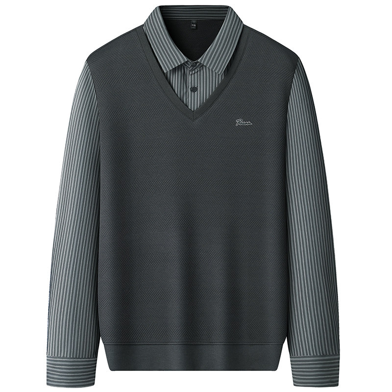 假两件男士长袖衬衫秋季加肥加大码t恤胖子中年爸爸休闲打底上衣