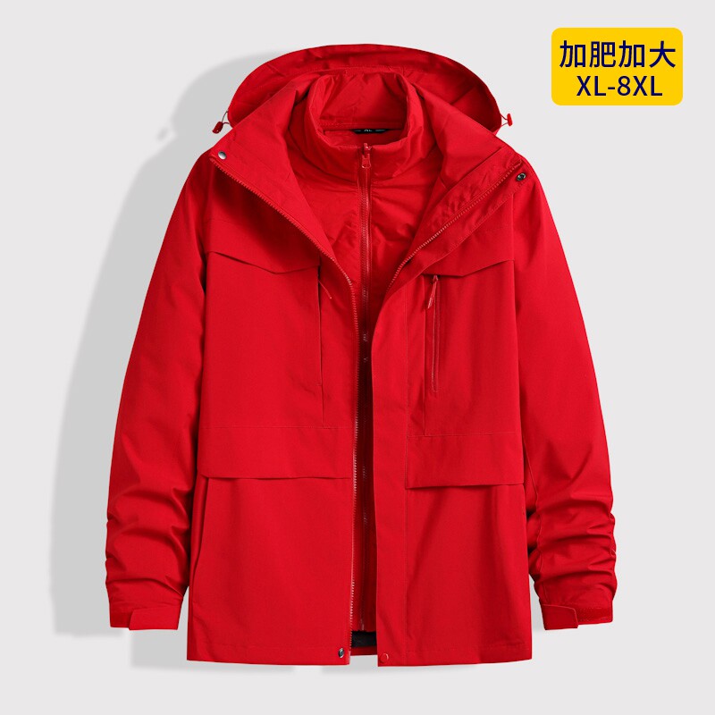 大码冲锋衣男加肥加大可拆两件套加绒加厚棉衣胖子红色本命年外套