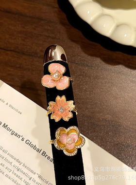 粉棠！法式山茶花苞柔美珍珠碎钻戒指女富家少女感小众高级食指戒