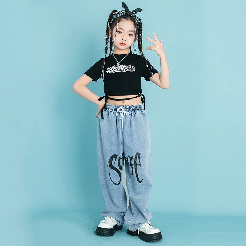 儿童街舞套装女童定制印字JAZZ绑带露脐短款T恤牛仔裤爵士演出服