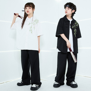 儿童街舞套装hiphop潮服中国风衬衫演出服popping震感舞短袖衬衣