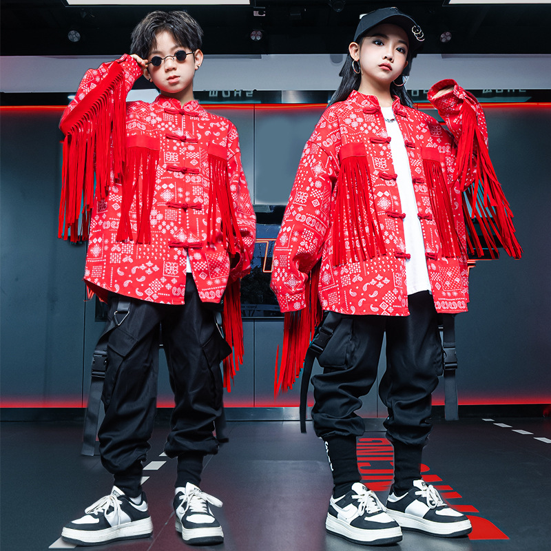 儿童街舞酷炫新款春秋季演出服套装中国风喜庆红HIPHOP帅气架子鼓