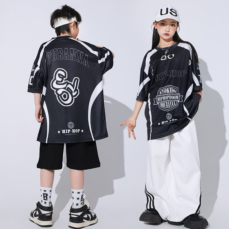 潮funky夏季男女儿童韩版oldschool街舞速干T恤休闲裤演出服套装