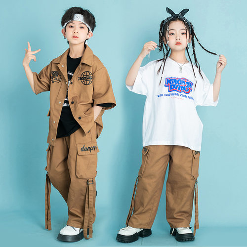 男童街舞潮服hiphop童装潮牌popping工装裤短袖衬衣套装炸街走秀