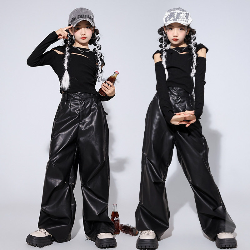 中小学生酷炫黑露脐装jazz走秀模特爵士舞街舞演出服套装长袖皮裤