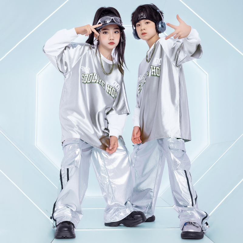 儿童街舞潮服时髦男童架子鼓演出服亮片银色bboy嘻哈hiphop酷炫潮