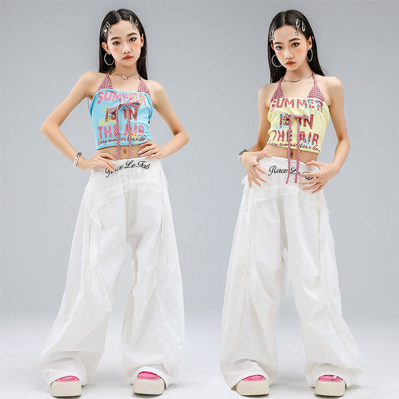 少儿爵士舞服装jazz女团蓝色潮酷时髦女儿童街舞套装舞蹈背心吊带