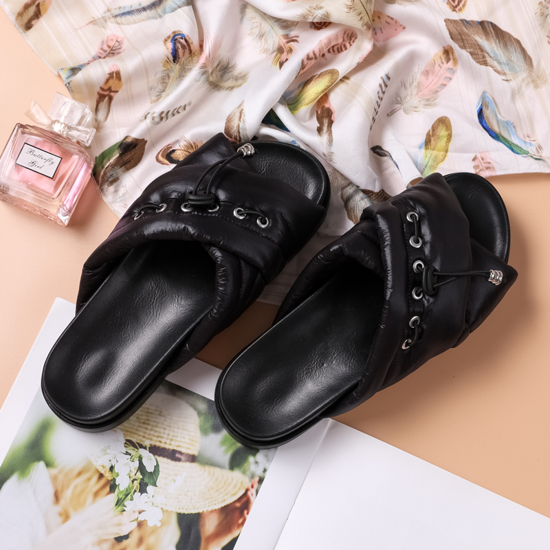 2026夏季新款太空棉拖鞋抽绳交叉绑带凉拖露趾外穿女低跟休闲平底