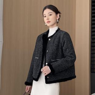 海宁2024年冬新款 水貂毛皮草外套女时尚 小香风圆领貂皮大衣年轻款