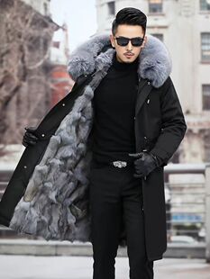2024新款派克服男狐狸毛内胆皮毛一体中长款男士连帽皮草外套冬季