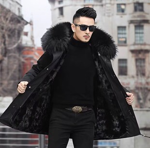 派克服男貉子毛领水貂毛内胆皮毛一体中长款皮草外套真貂皮大衣