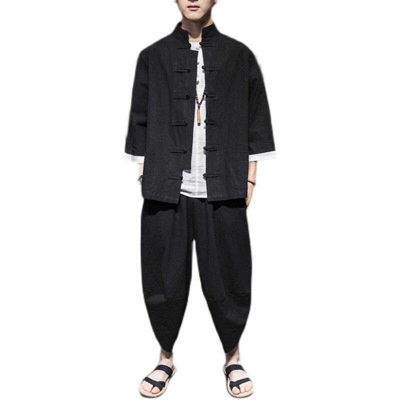 盘扣唐装风套装男中式棉麻七分袖外套电商A057-TZ13-P75,男装休闲套装,电商A057B