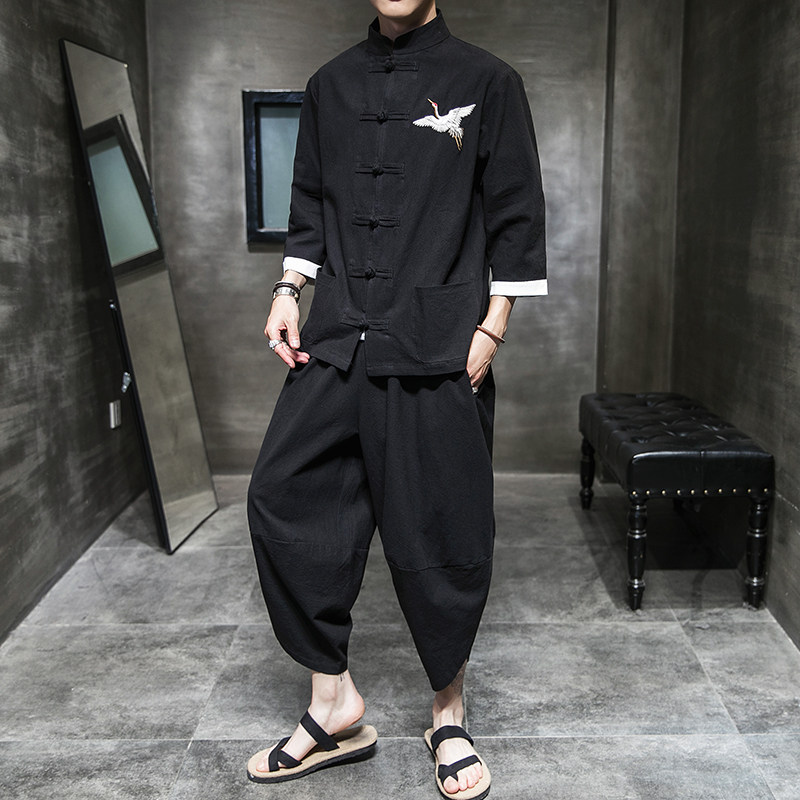 刺绣盘扣唐装风套装男棉麻七分袖外套电商A057-TZ08-P80,男装休闲套装,电商A057B