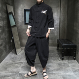 刺绣盘扣唐装风套装男棉麻七分袖外套电商A057-TZ08-P80，男装休闲套装，电商A057B