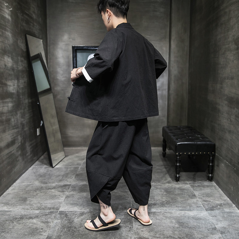 盘扣唐装风套装男中式棉麻七分袖外套电商A057-TZ13-P75,男装休闲套装,电商A057B