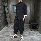 盘扣唐装风套装男中式棉麻七分袖外套电商A057-TZ13-P75，男装休闲套装，电商A057B