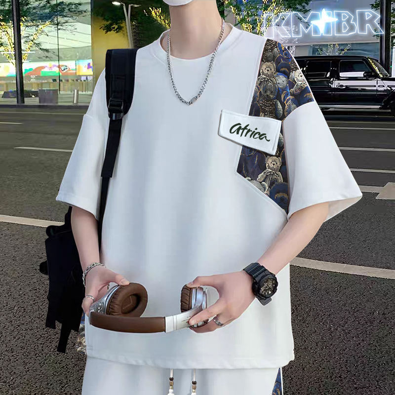 中国风短袖t恤衬衫男夏季凉感新中式半袖男青少年立体感印花衬衣