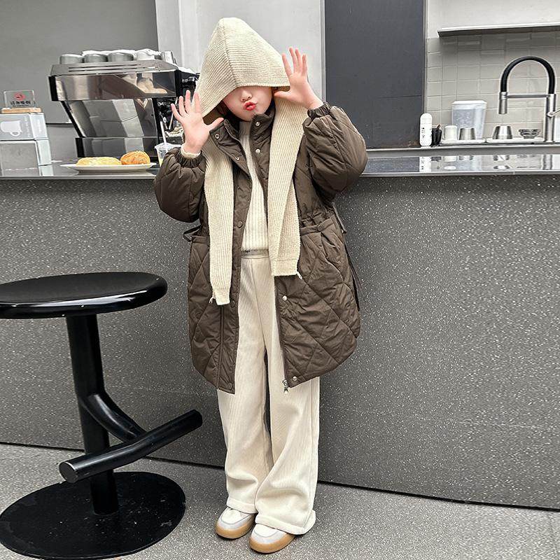 女童韩版加绒加厚外套韩版中长款毛线围巾帽绗棉棉衣两件套冬季潮