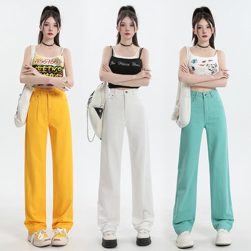 彩色窄版直筒九分裤牛仔绿色爆款