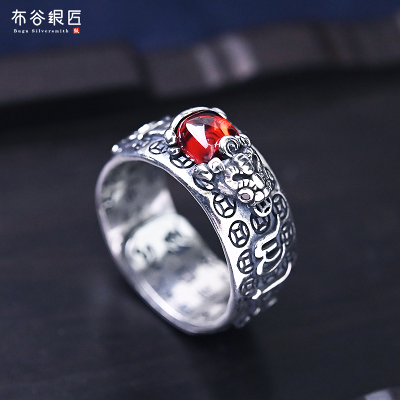 990足银招财转运六字真言石榴石貔貅纯银戒指男女开口心经指环