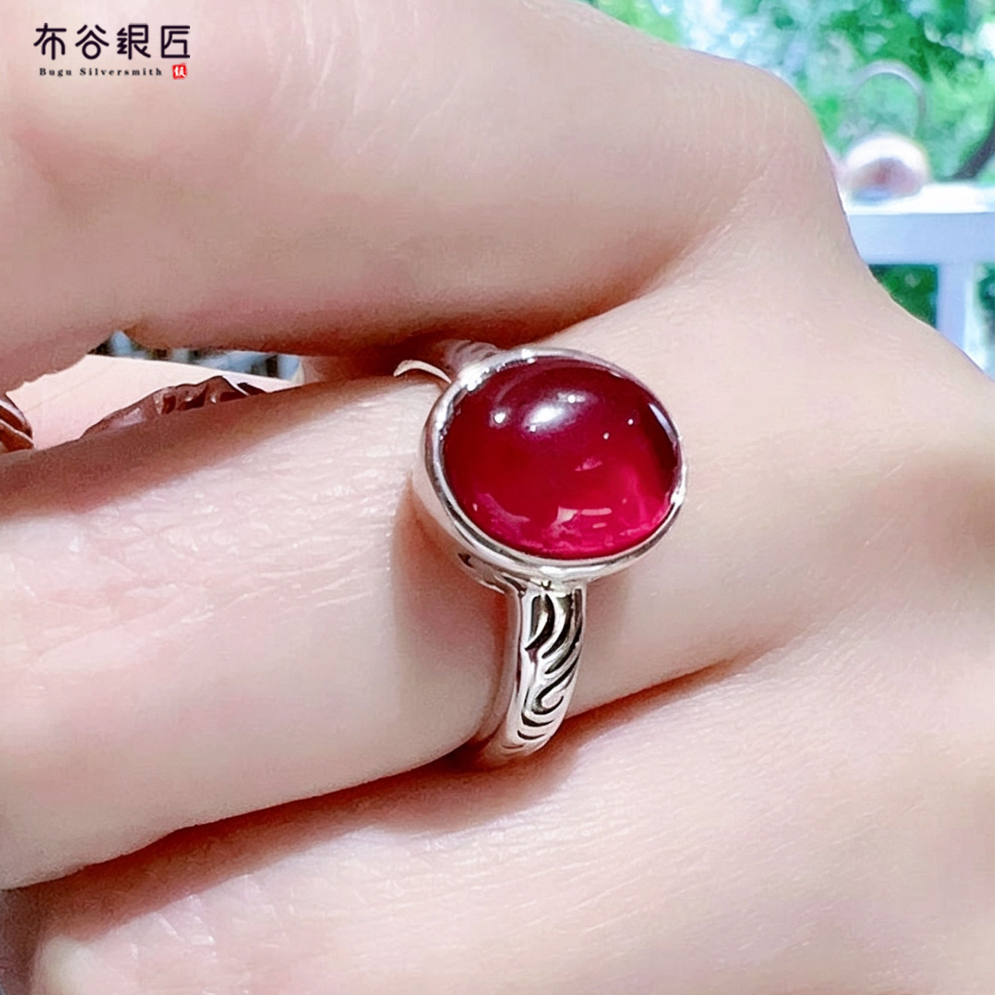 布谷小匠纯银红宝石鸽子蛋戒指女