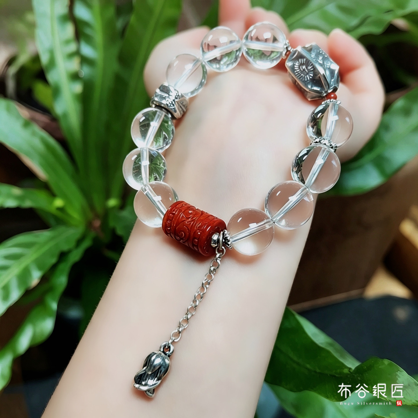 天然白水晶圆珠手串S999纯银国风