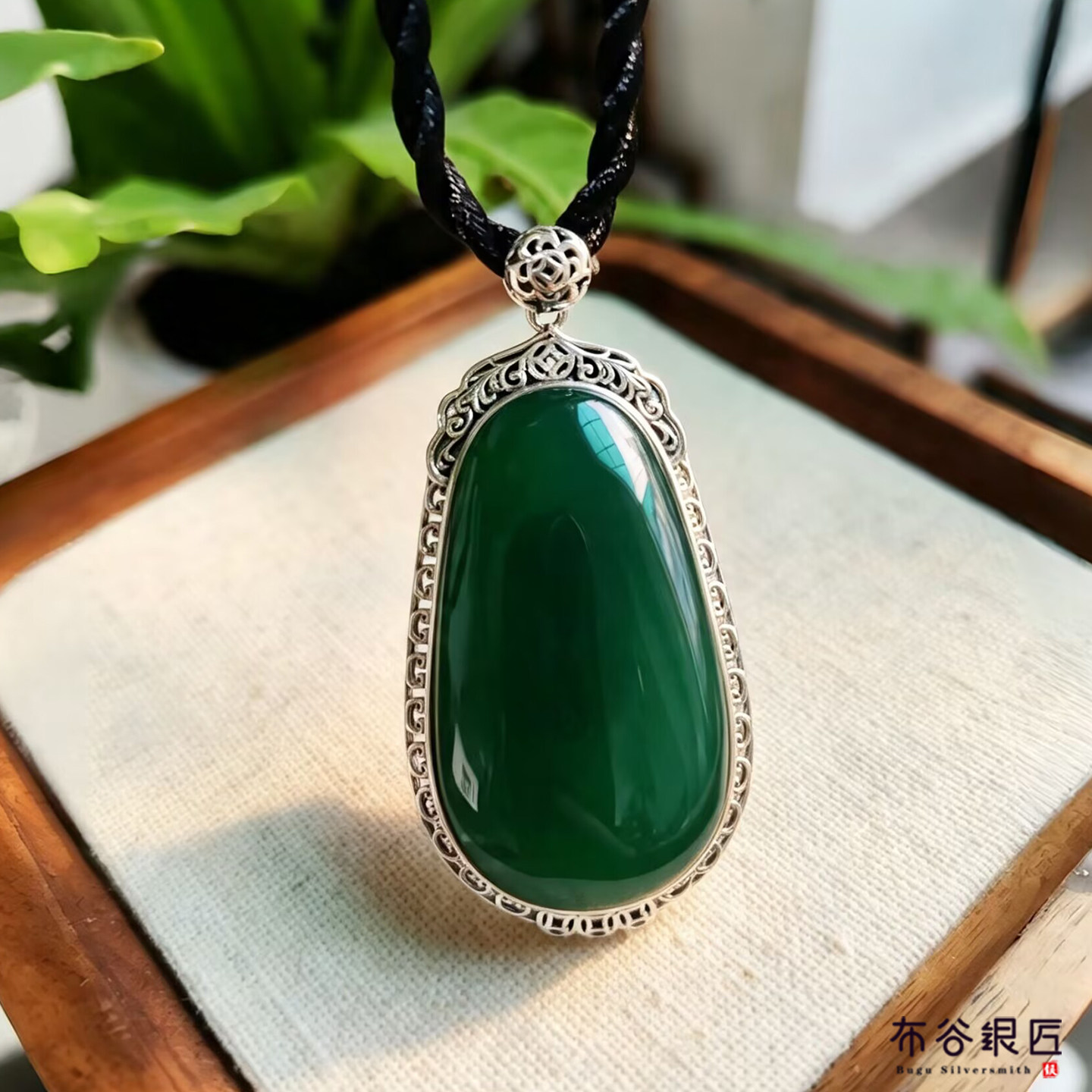 纯银天然绿玛瑙毛衣链长款民族风