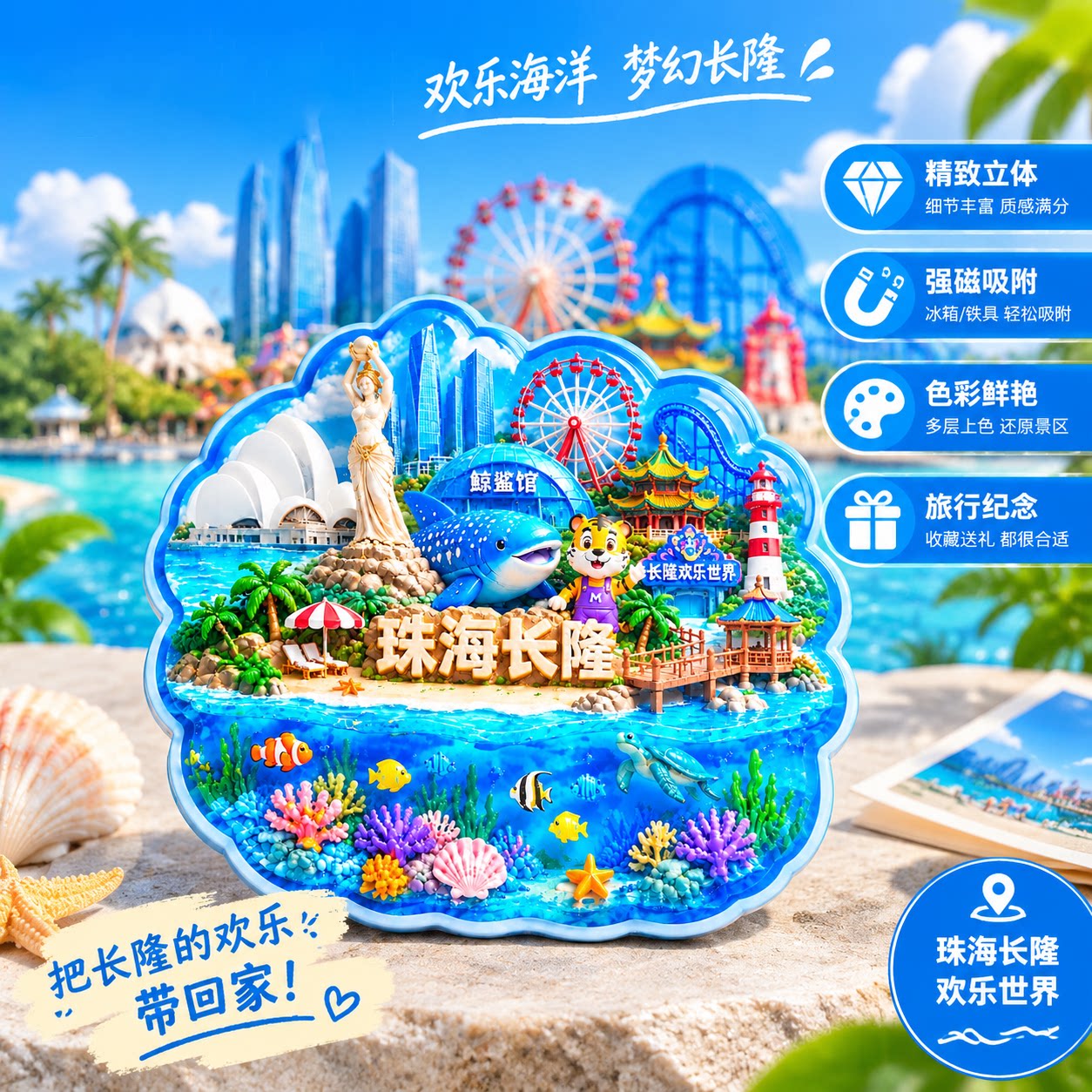 珠海长隆海洋文化元素树脂磁吸冰箱贴城市海洋世界旅游纪念品礼物