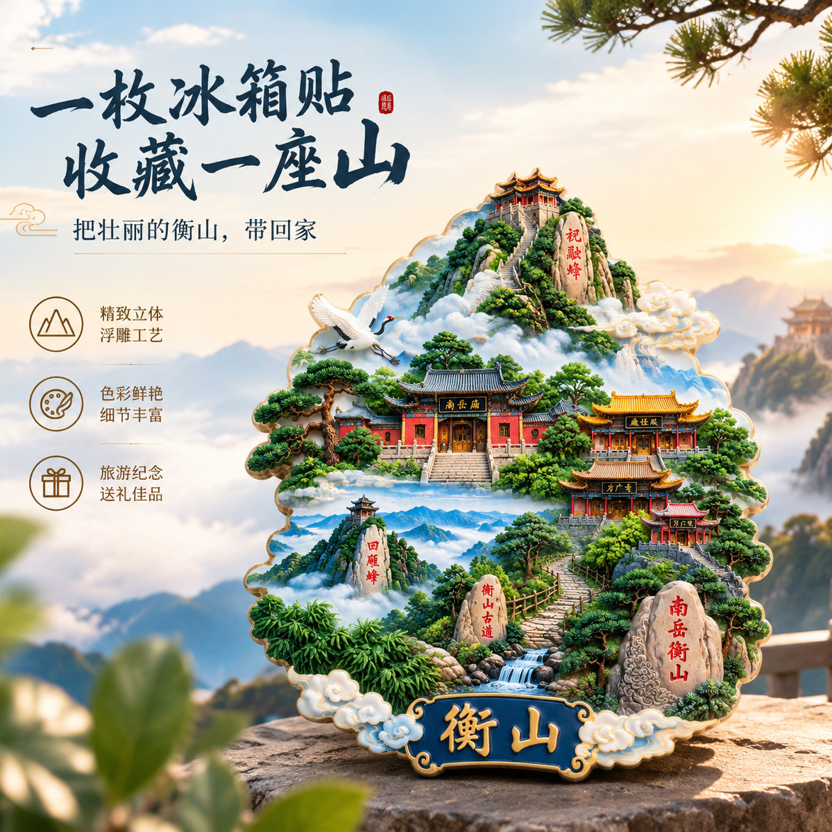 湖南南岳衡山国风树脂磁吸冰箱贴城市文创纪念旅行伴手礼装饰磁贴