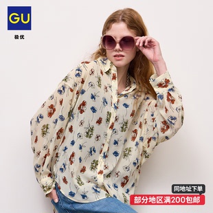 GU极优 女花式袖轻薄衬衫花朵图案长袖蝙蝠袖宽松26年秋新 361328
