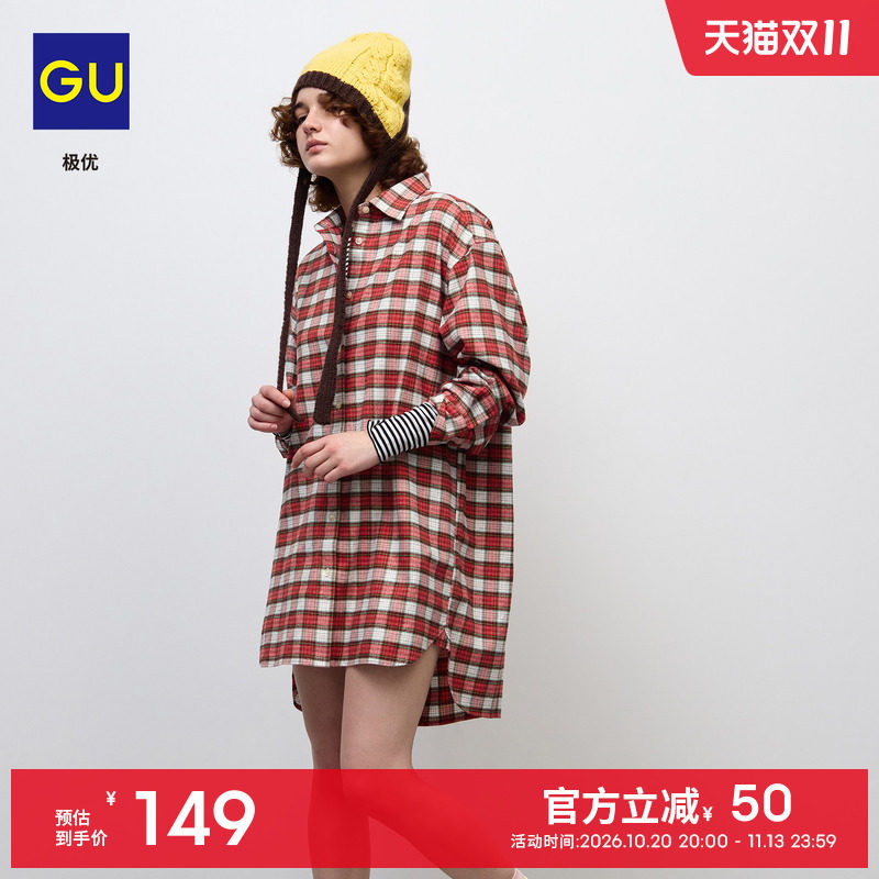 GU极优 女装法兰绒格纹衬衫式迷你连衣裙2026秋冬衬衫裙 361313