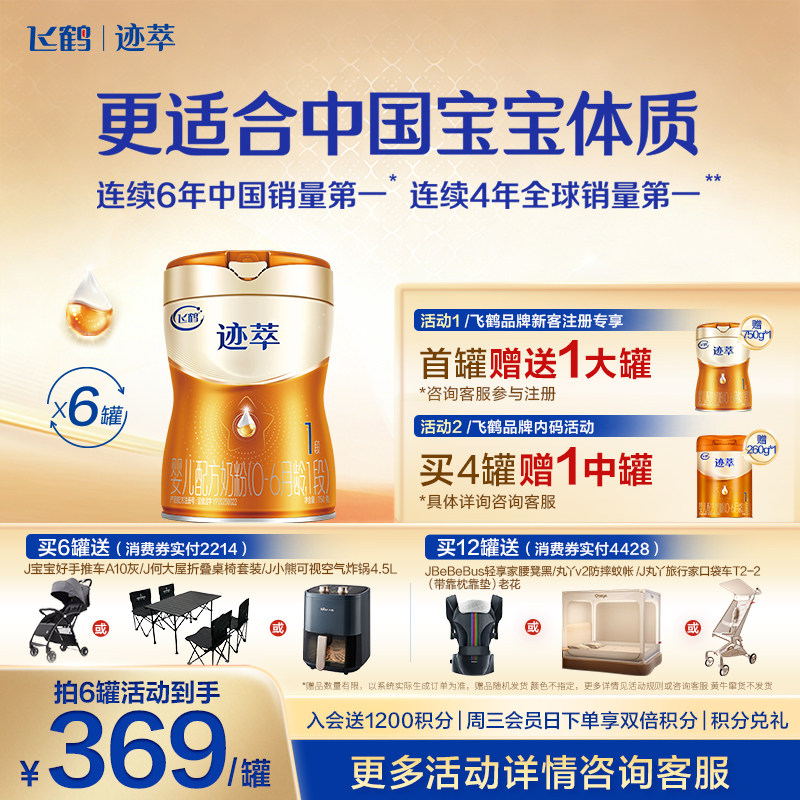 注册送1罐]飞鹤迹萃1段乳铁蛋白8HMOs婴儿配方奶粉0-6月750g*6罐