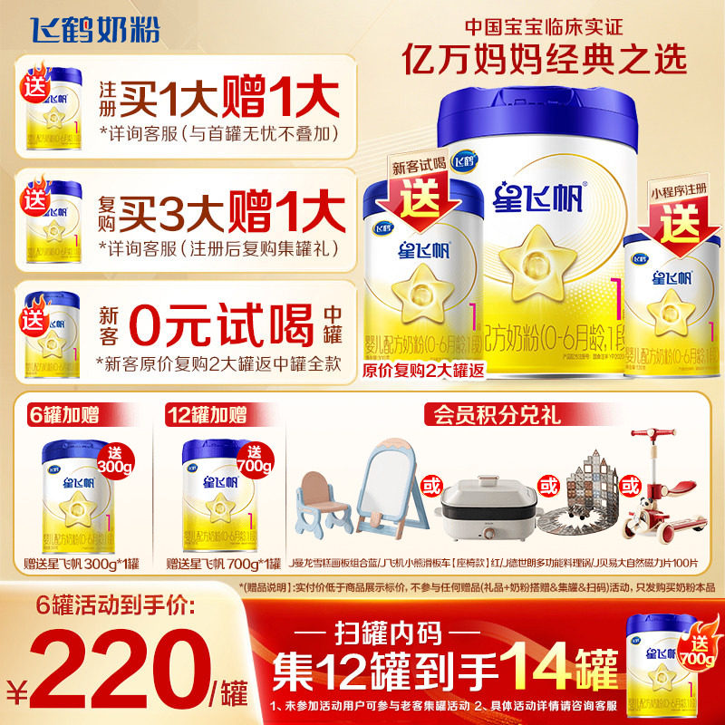 升级A2奶源】飞鹤星飞帆1段奶粉婴儿牛奶粉一段700g1罐官方旗舰店