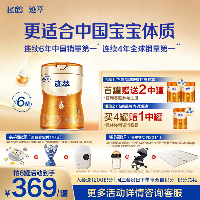 [育儿补贴]飞鹤迹萃1段乳铁蛋白8HMOs婴儿配方奶粉0-6月750g*6罐