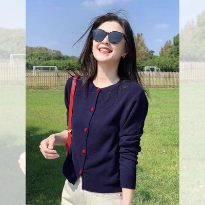 早秋穿搭藏蓝色小个子短款开衫毛衣外套女春秋软糯长袖针织衫上衣