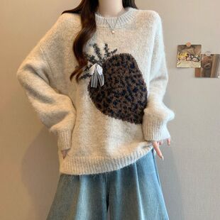 秋冬新款复古豹纹草莓套头毛衣女宽松显瘦蝴蝶结慵懒风针织衫上衣