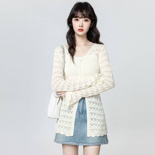 杏色V领镂空针织开衫女夏2026夏季新款收腰防晒罩衫外搭长袖上衣