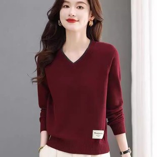 红色鸡心领针织衫女春秋冬新款小个子短款毛衣宽松洋气针织打底衫