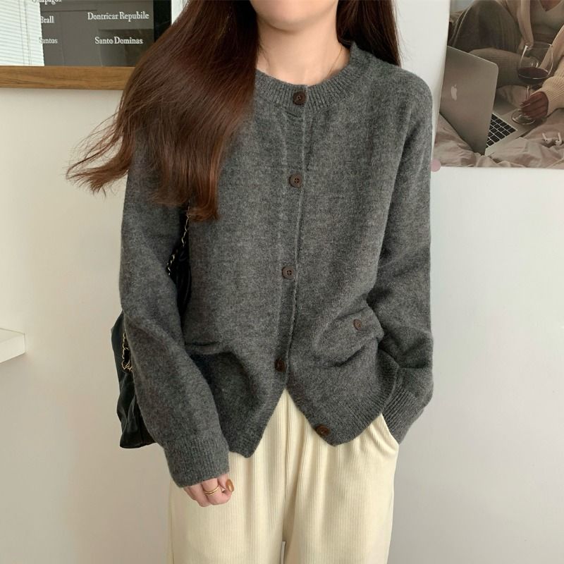 软糯慵懒风纯色短款毛衣外套新款秋冬韩系宽松长袖针织衫开衫上衣