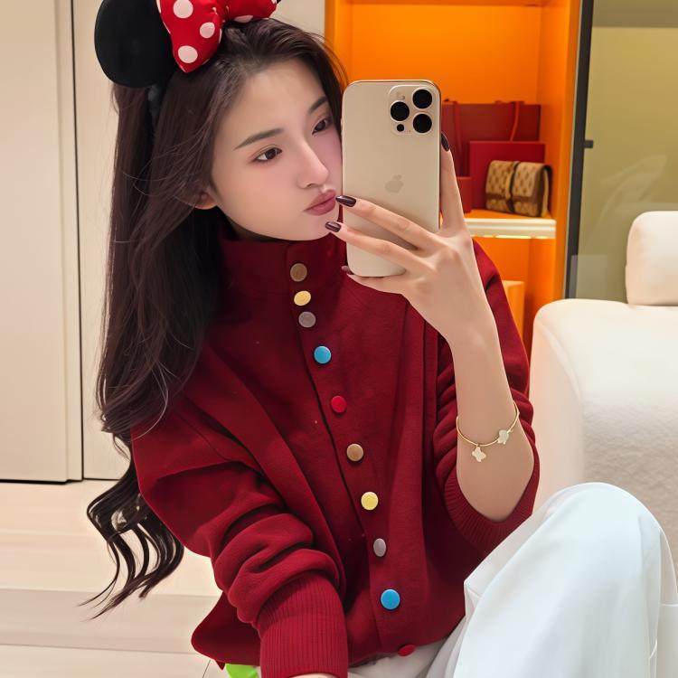 红色高领彩色纽扣针织开衫女2025新款春秋洋气减龄长袖超好看上衣,女装/女士精品,毛针织衫,淘宝优惠券,粉丝福利购,淘宝优惠卷