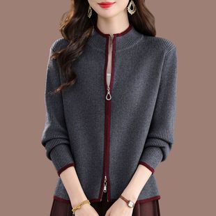 双拉链毛衣外套女春秋新款立领妈妈百搭洋气短款针织开衫毛衣上衣